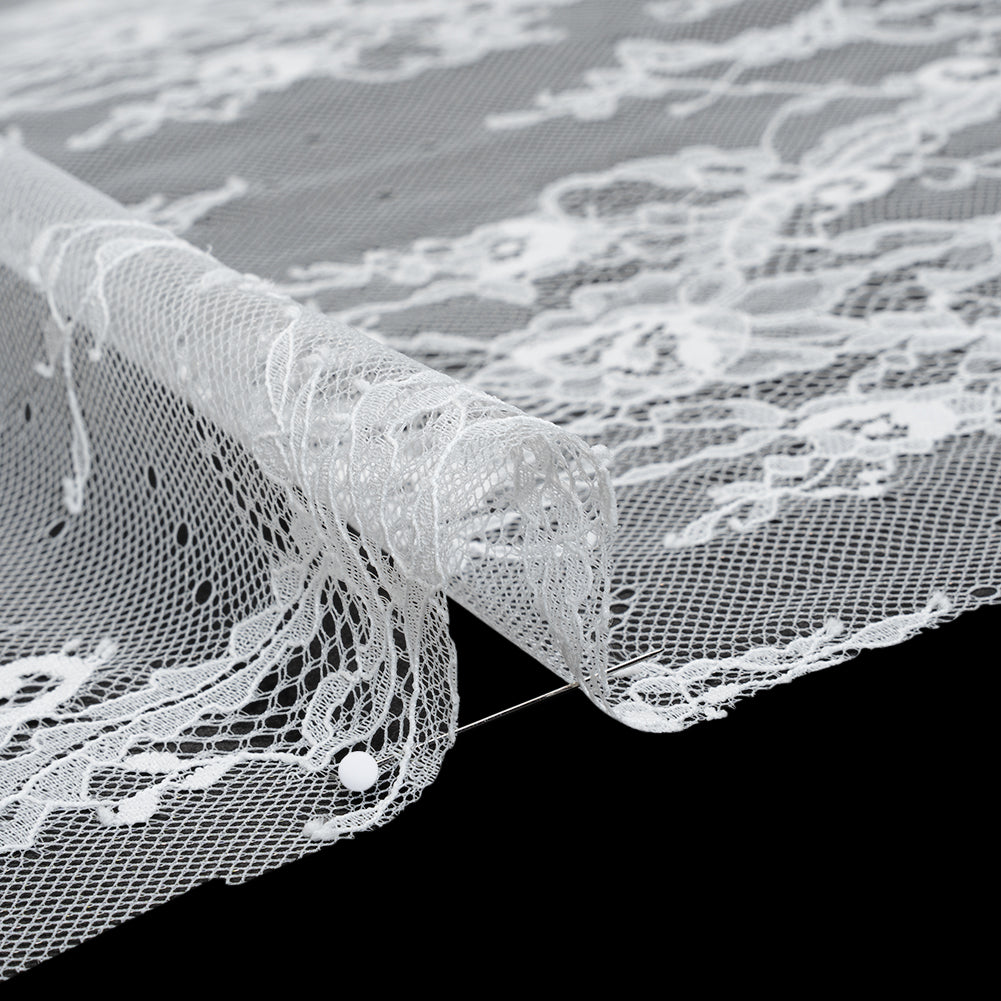 Nylon Re-Embroidered Lace - White Paisley Floral Swirl with Scalloped Borders - Detail