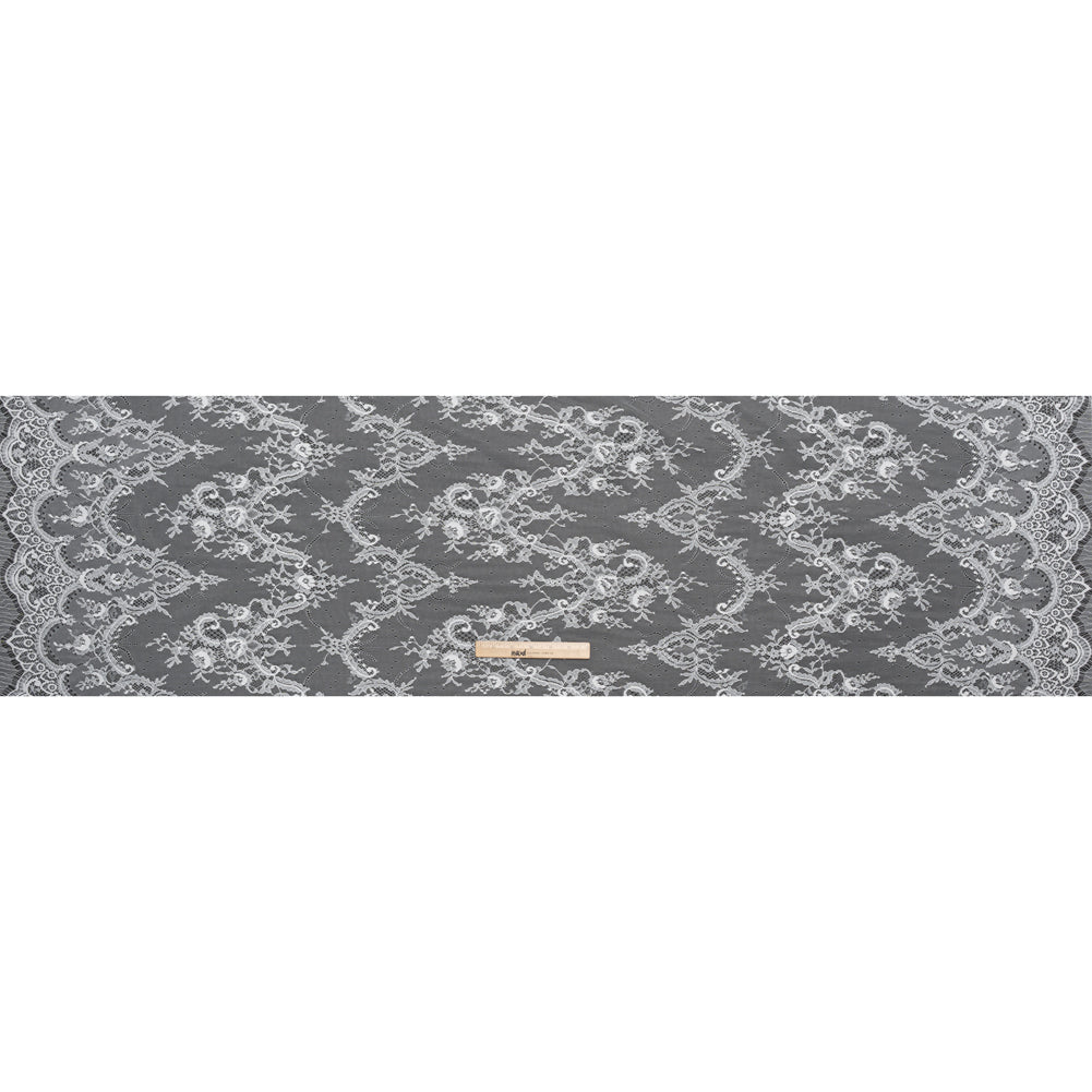 Nylon Re-Embroidered Lace - White Paisley Floral Swirl with Scalloped Borders - Full