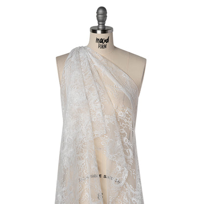 Nylon Re-Embroidered Lace - White Paisley Floral Swirl with Scalloped Borders
