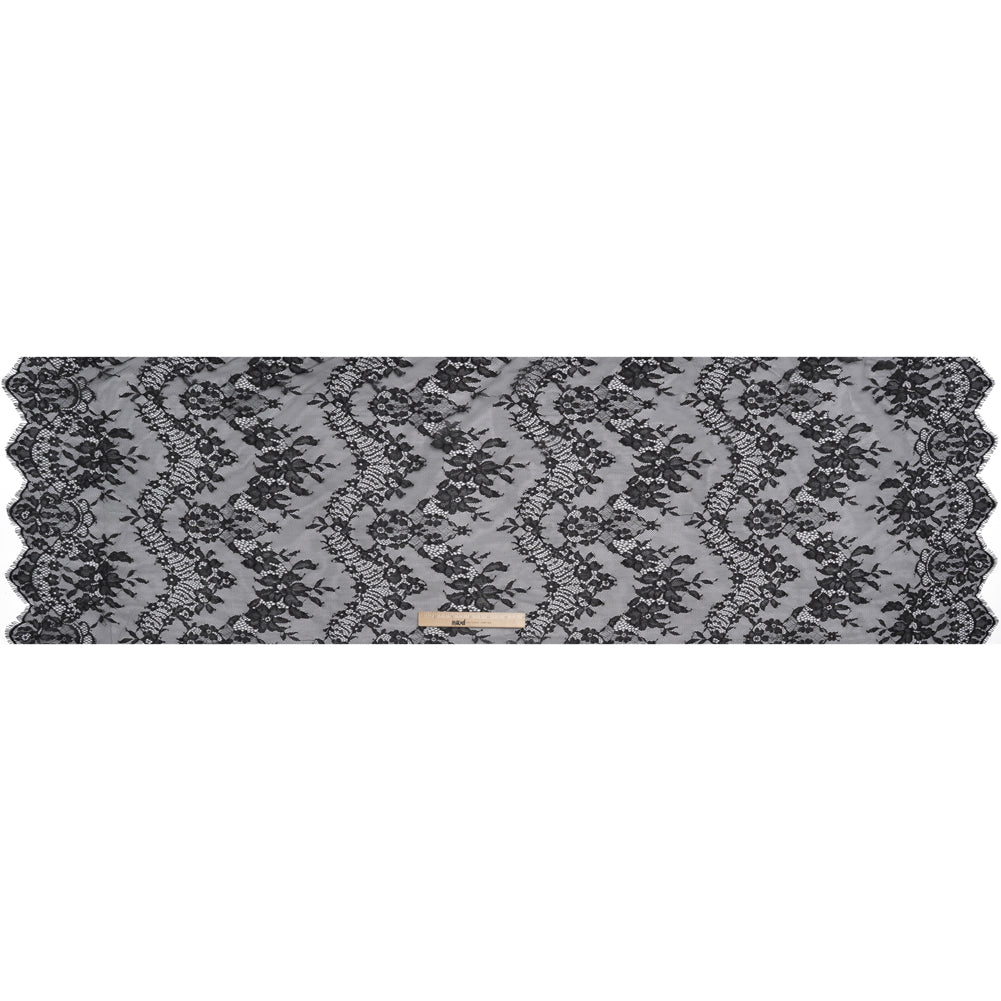 Chantilly Lace with Finished Scalloped Edges - Black Fancy Florals - Full
