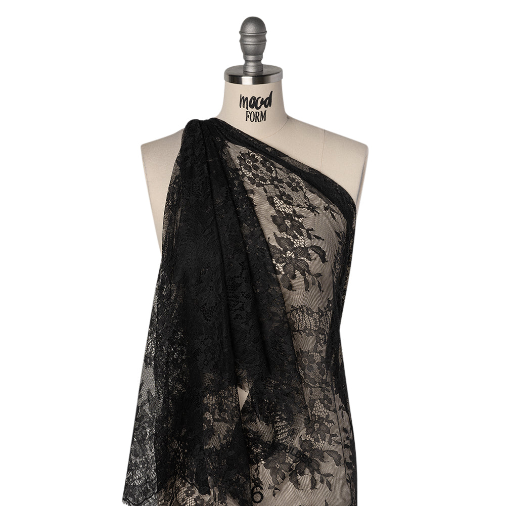 Chantilly Lace with Finished Scalloped Edges - Black Fancy Florals Drape