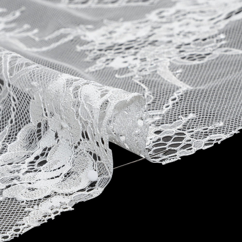 Luminous Re-Embroidered Lace with Finished Scalloped Edges - White Floral and Diamond Lattices Detail
