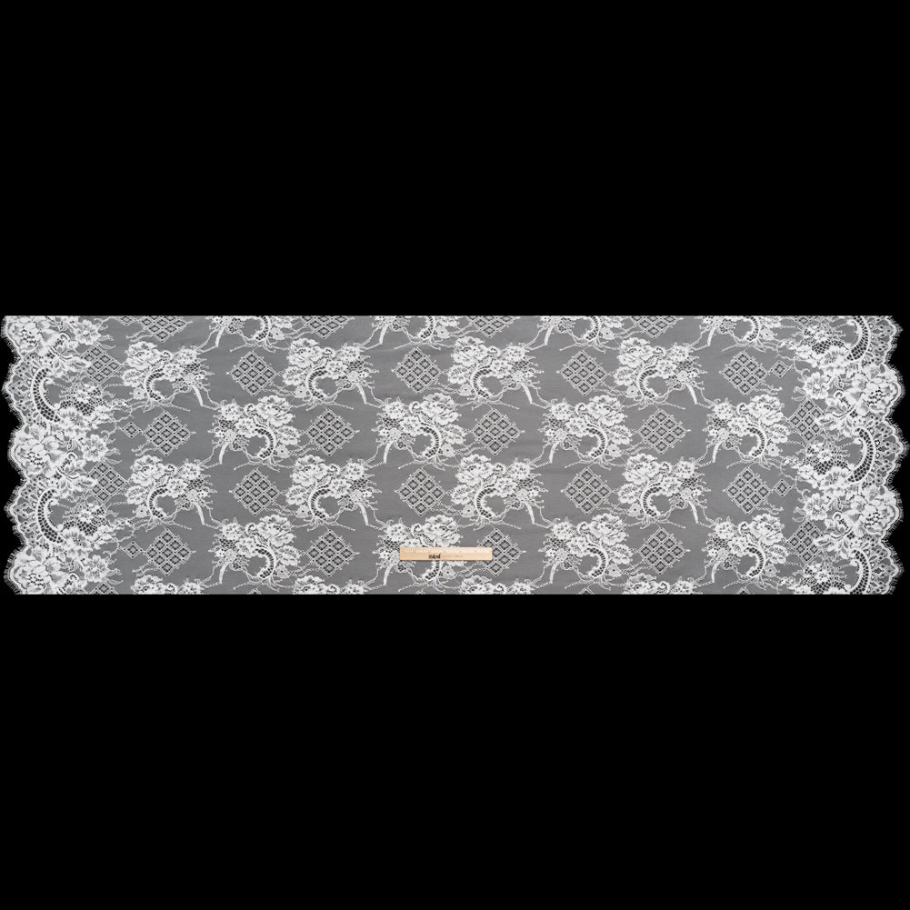 Luminous Re-Embroidered Lace with Finished Scalloped Edges - White Floral and Diamond Lattices - Full