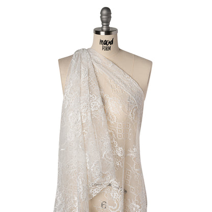 Luminous Re-Embroidered Lace with Finished Scalloped Edges - White Floral and Diamond Lattices Drape