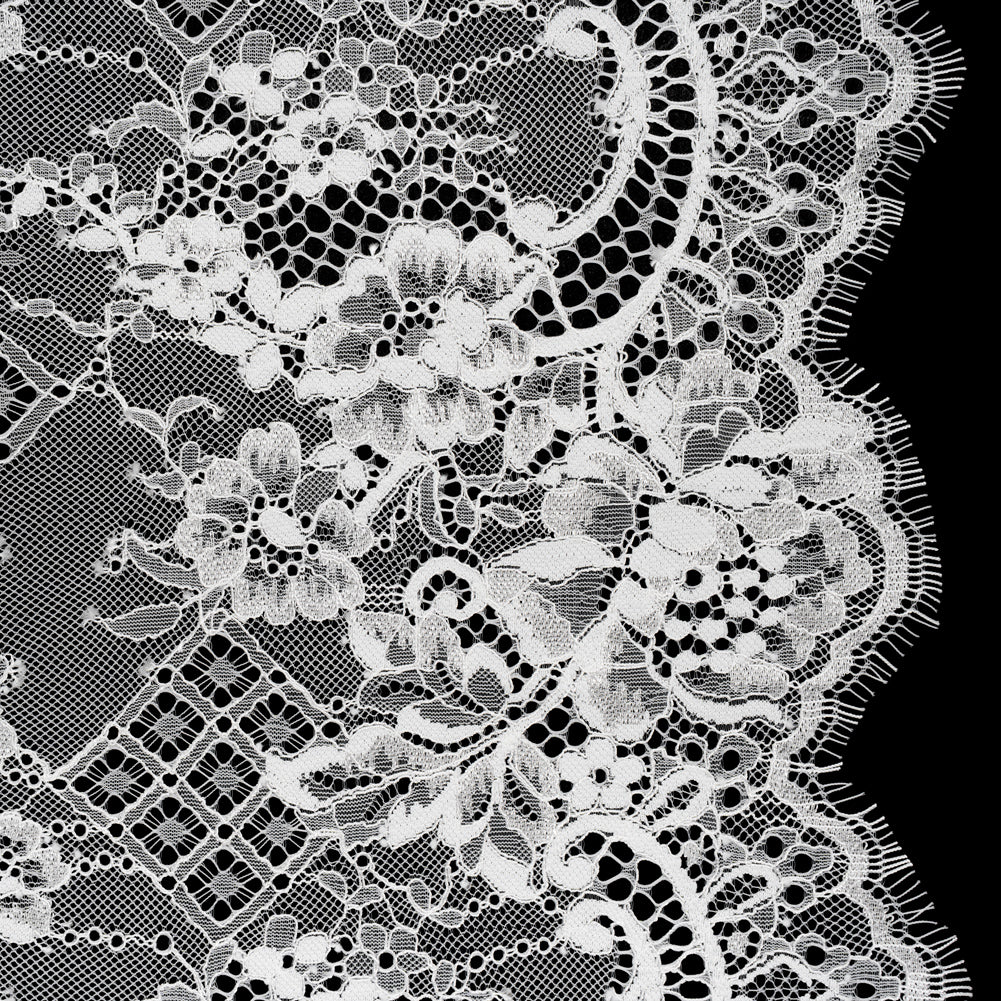 Luminous Re-Embroidered Lace with Finished Scalloped Edges - White Floral and Diamond Lattices