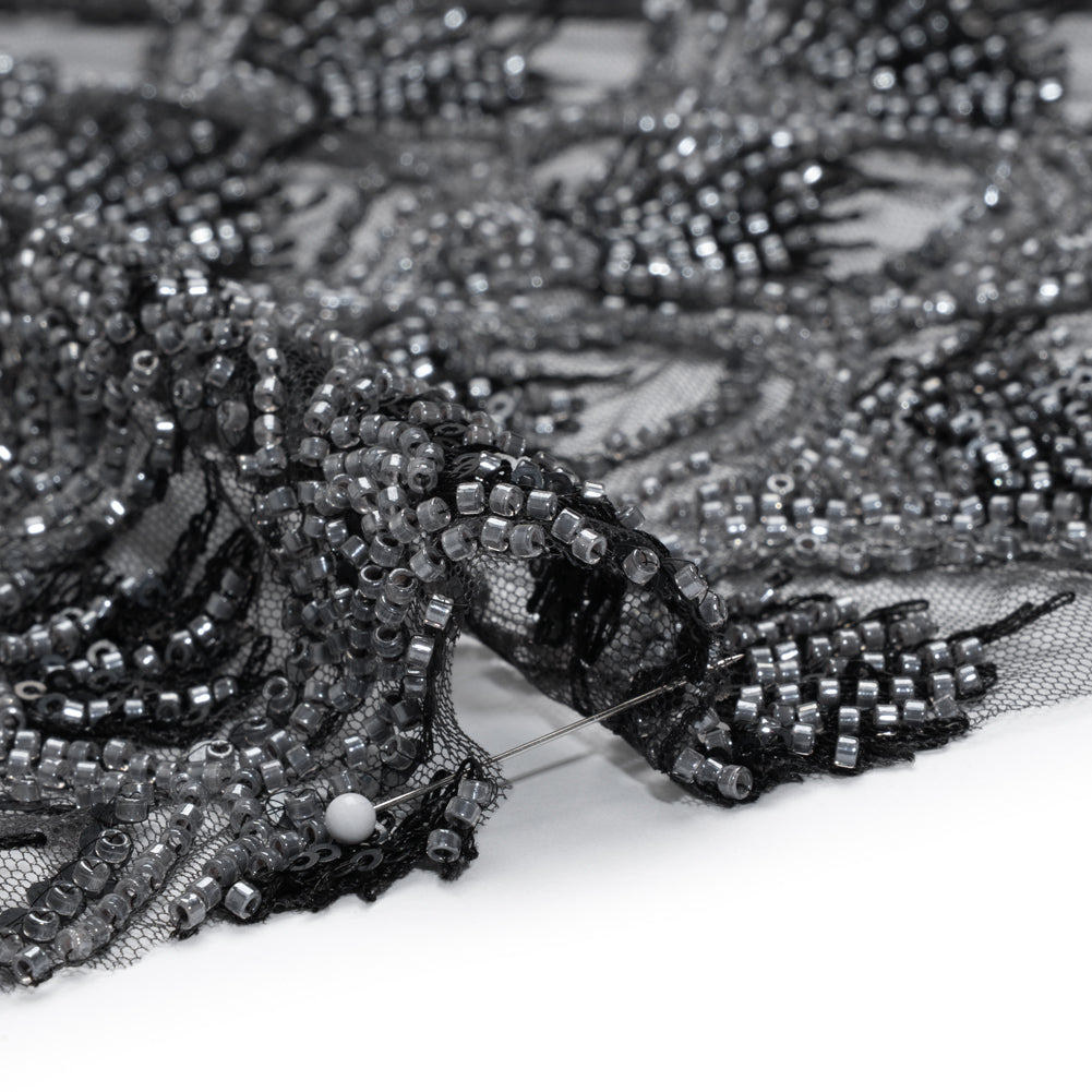 Embroidered and Beaded Lace Tulle with Sequins - Black and Gunmetal Gradient Size Scales Detail