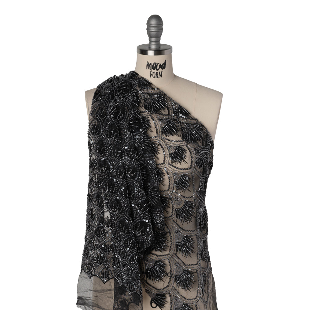 Embroidered and Beaded Lace Tulle with Sequins - Black and Gunmetal Gradient Size Scales Drape