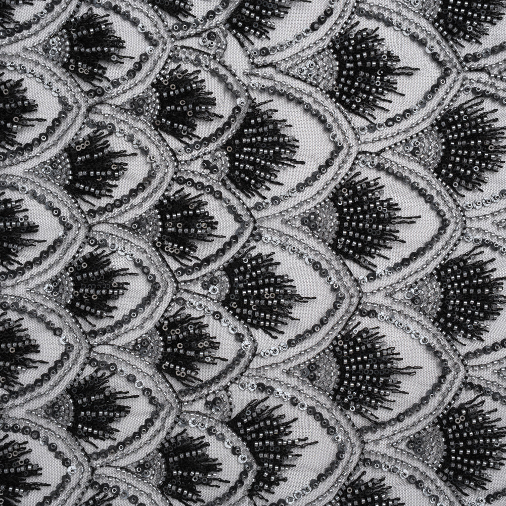 Embroidered and Beaded Lace Tulle with Sequins - Black and Gunmetal Gradient Size Scales
