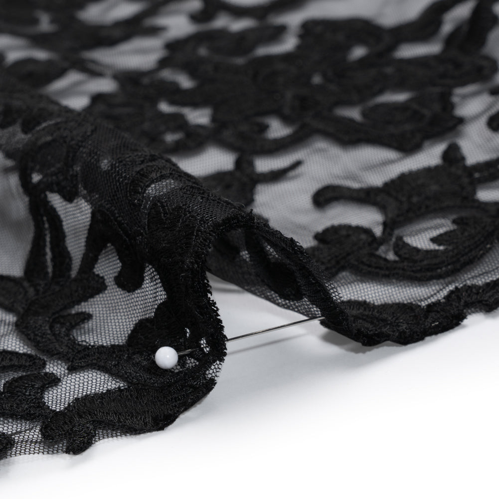 Embroidered Lace Tulle - Black Floral Damask Detail