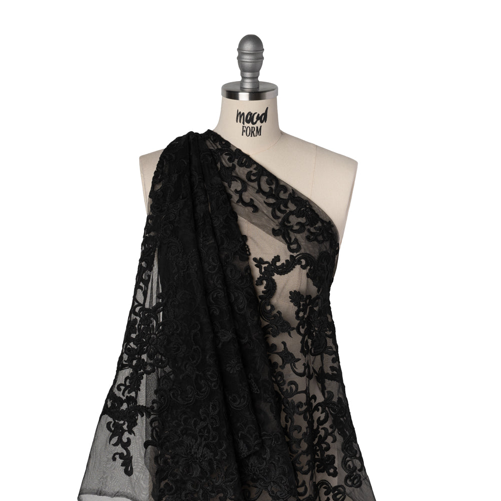 Embroidered Lace Tulle - Black Floral Damask Drape
