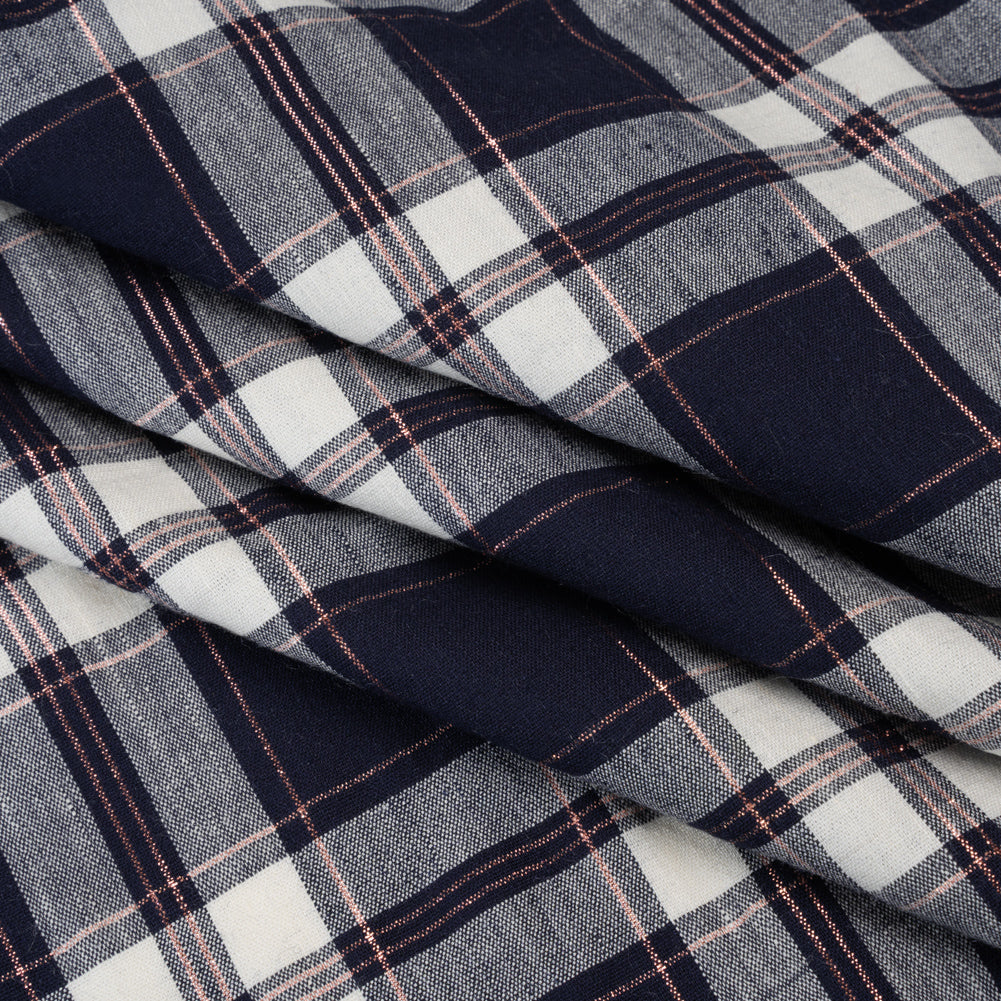 Metallic Stretch Linen and Rayon Woven - White, Navy Blue and Rose Gold Plaid - Folded