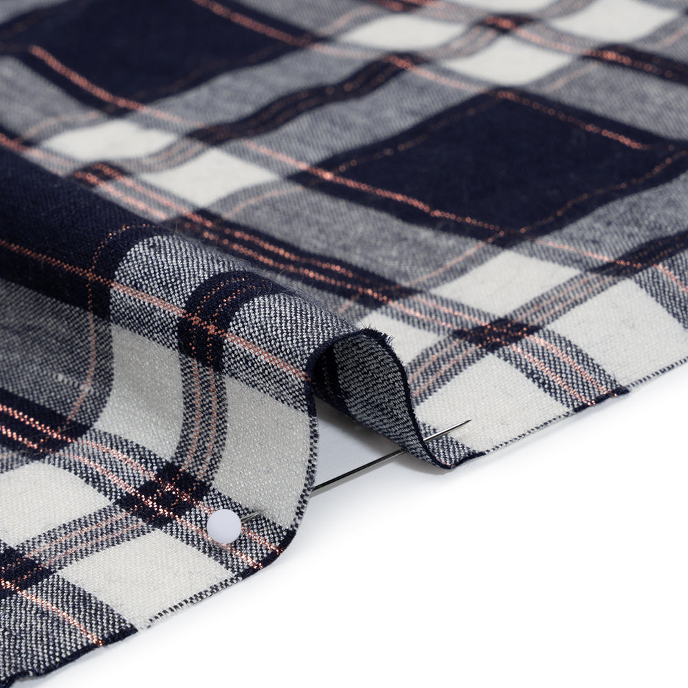 Metallic Stretch Linen and Rayon Woven - White, Navy Blue and Rose Gold Plaid - Detail
