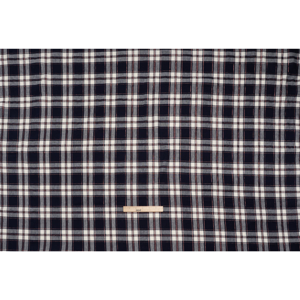 Metallic Stretch Linen and Rayon Woven - White, Navy Blue and Rose Gold Plaid - Full