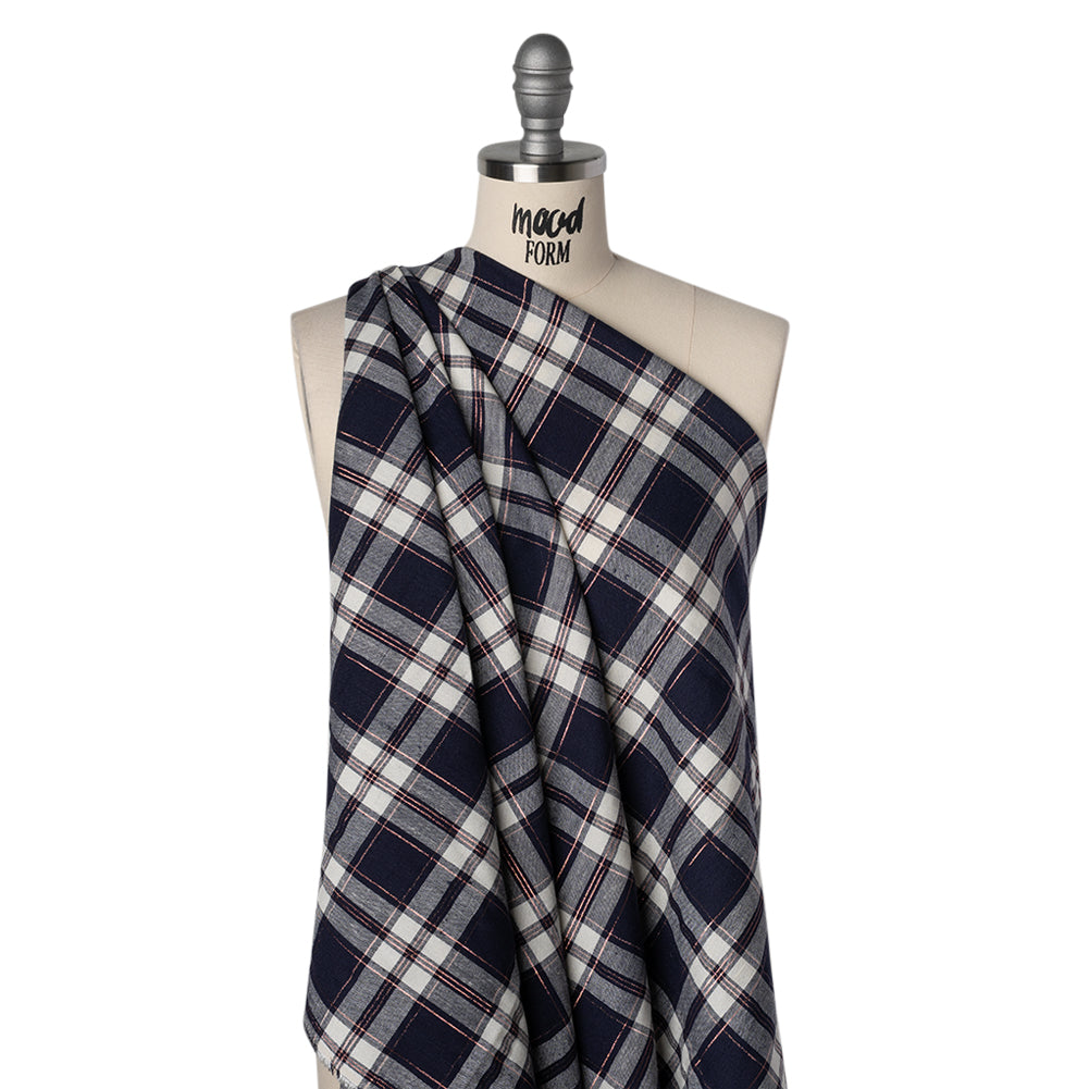 Metallic Stretch Linen and Rayon Woven - White, Navy Blue and Rose Gold Plaid - Drape