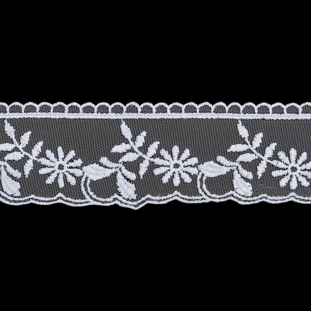 Embroidered Lace Tulle Trim with Scalloped Edges - 2" - White Daisy Stems - Folded