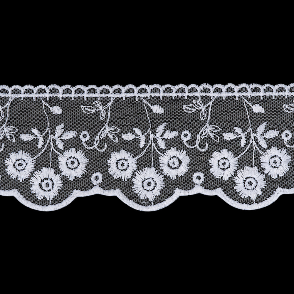 Embroidered Lace Tulle Trim with Scalloped Edges - 2.625" - White Sunflower Bunches - Folded