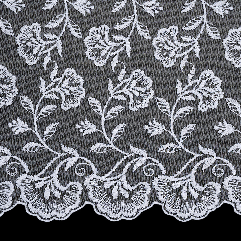 Wide Embroidered Lace Tulle Trim with Scalloped Edges - 9.5" - White Floral Waves - Folded