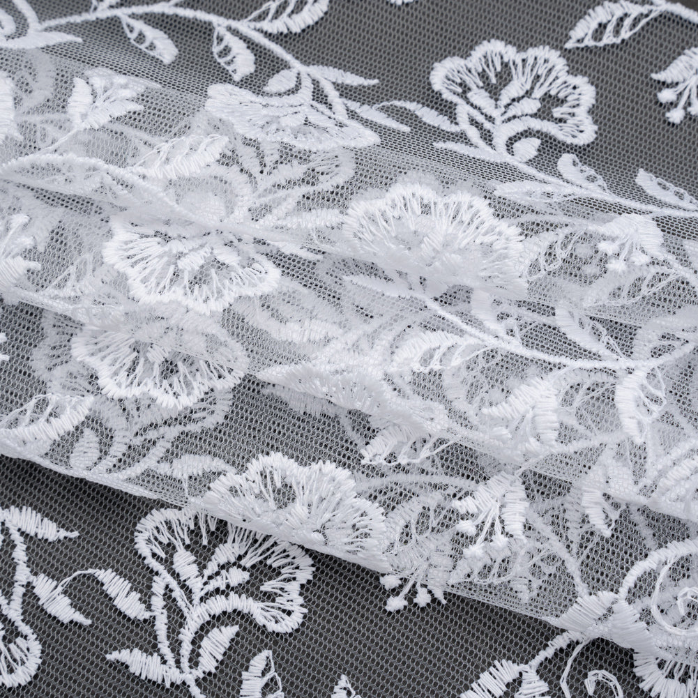Wide Embroidered Lace Tulle Trim with Scalloped Edges - 9.5" - White Floral Waves - Detail