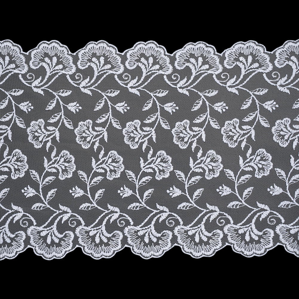 Wide Embroidered Lace Tulle Trim with Scalloped Edges - 9.5" - White Floral Waves