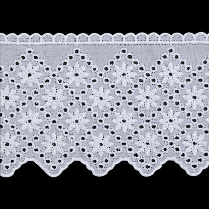 Cotton and Polyester Embroidered Eyelet Lace Trim with Scalloped Edges - 3.25" - White Flowers in Diamond Lattice
