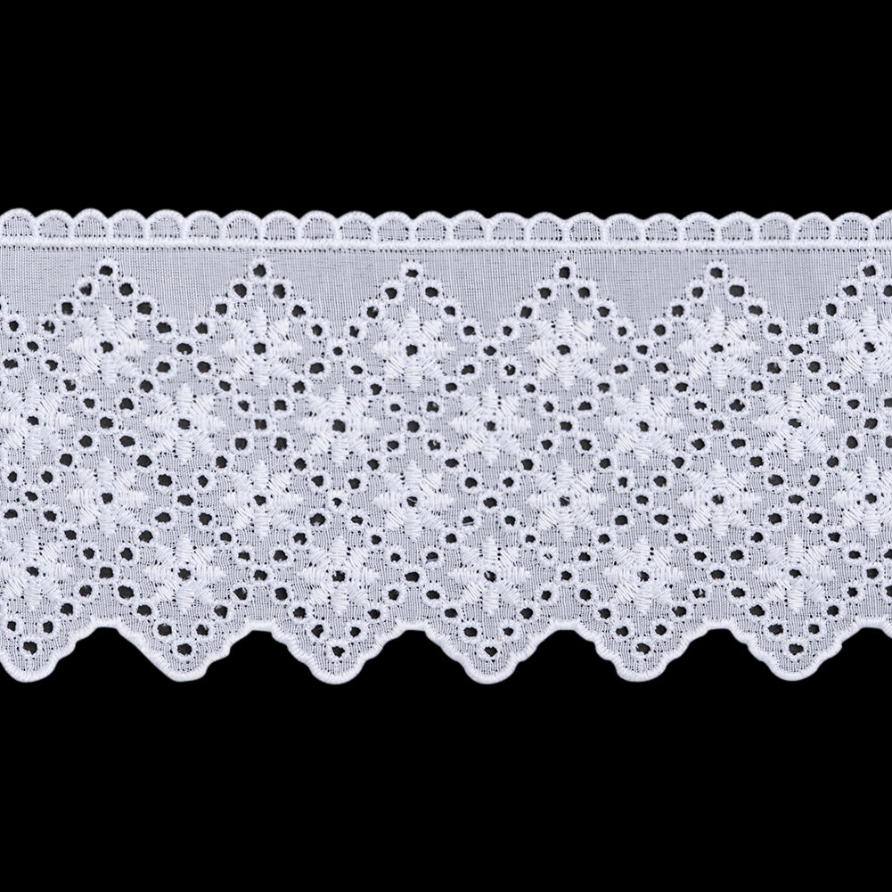 Cotton and Polyester Embroidered Eyelet Lace Trim with Scalloped Edges - 3.25" - White Flowers in Diamond Lattice