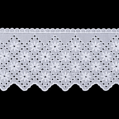 Cotton and Polyester Embroidered Eyelet Lace Trim with Scalloped Edges - 3.25" - White Flowers in Diamond Lattice
