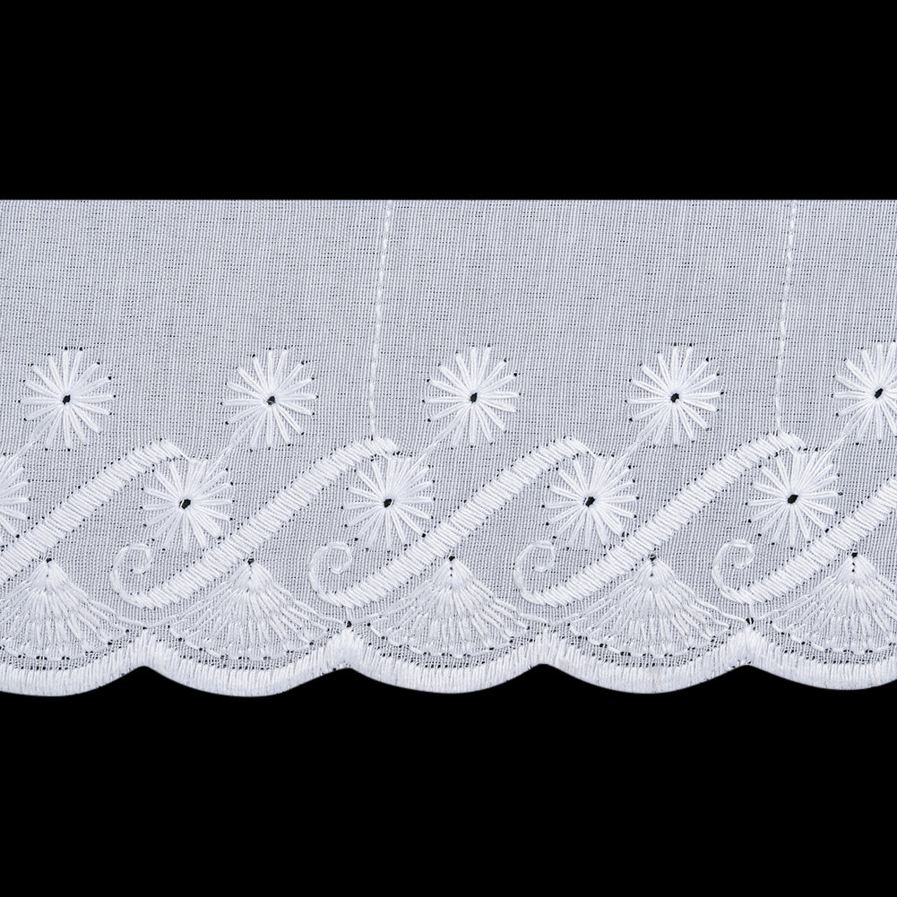 Cotton and Polyester Embroidered Eyelet Lace Trim with One Finished Scalloped Edge - 2.5" - White Flowers and Fans - Folded