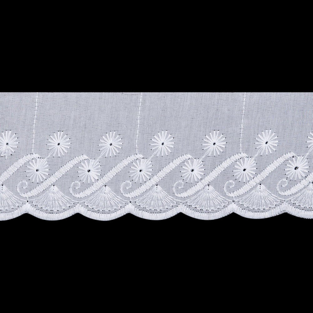 Cotton and Polyester Embroidered Eyelet Lace Trim with One Finished Scalloped Edge - 2.5" - White Flowers and Fans