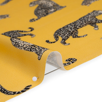 Stretch Recycled Polyester Charmeuse Print by Max Alexander - Sun Yellow and Beige Prowling Cheetahs Detail