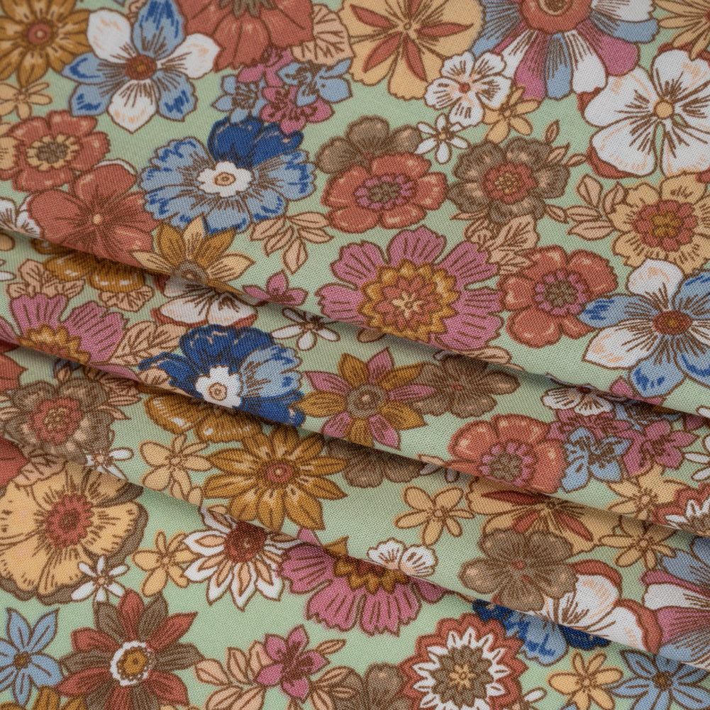Rayon Challis Print - Red, Mustard Yellow and Mint Green Floral - Deadstock - Folded