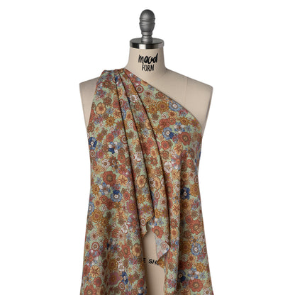 Rayon Challis Print - Red, Mustard Yellow and Mint Green Floral - Deadstock