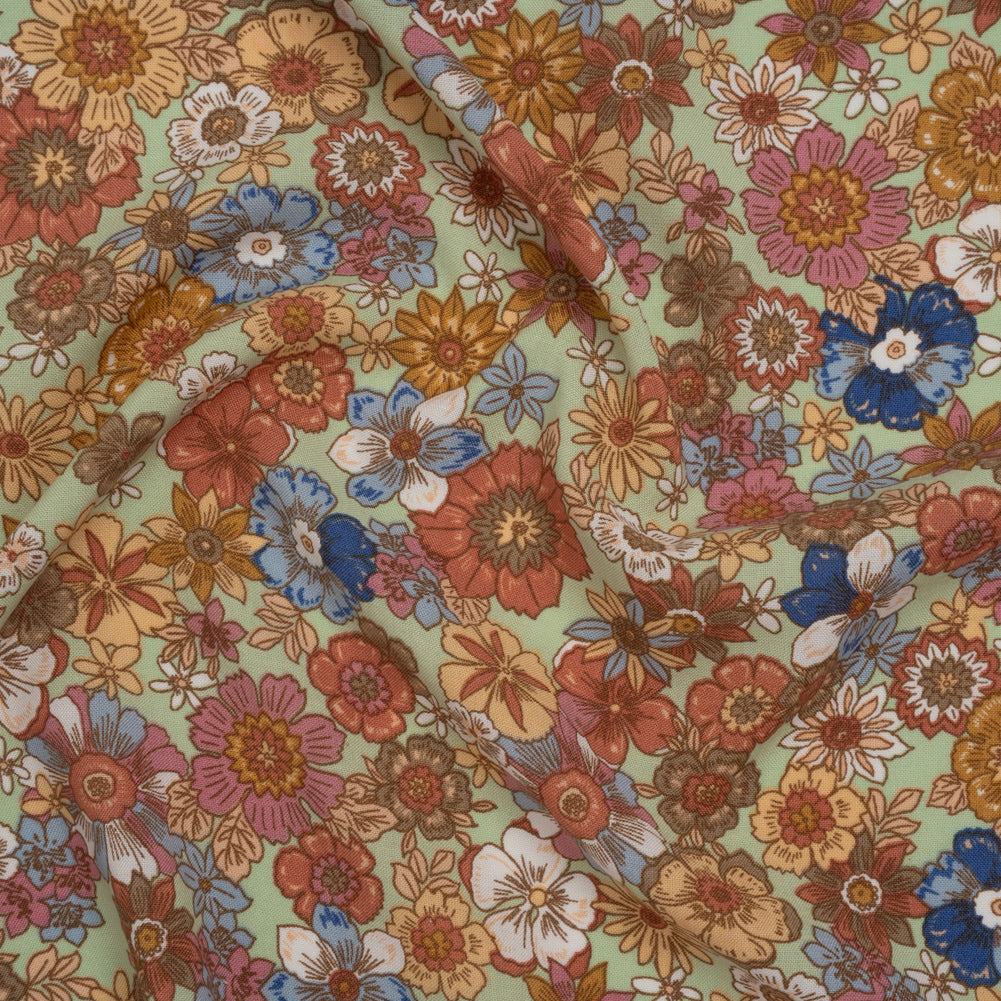 Rayon Challis Print - Red, Mustard Yellow and Mint Green Floral - Deadstock