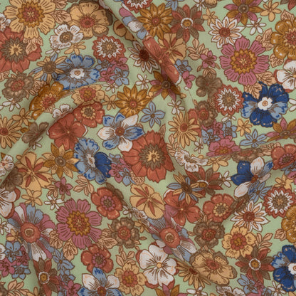 Rayon Challis Print - Red, Mustard Yellow and Mint Green Floral - Deadstock