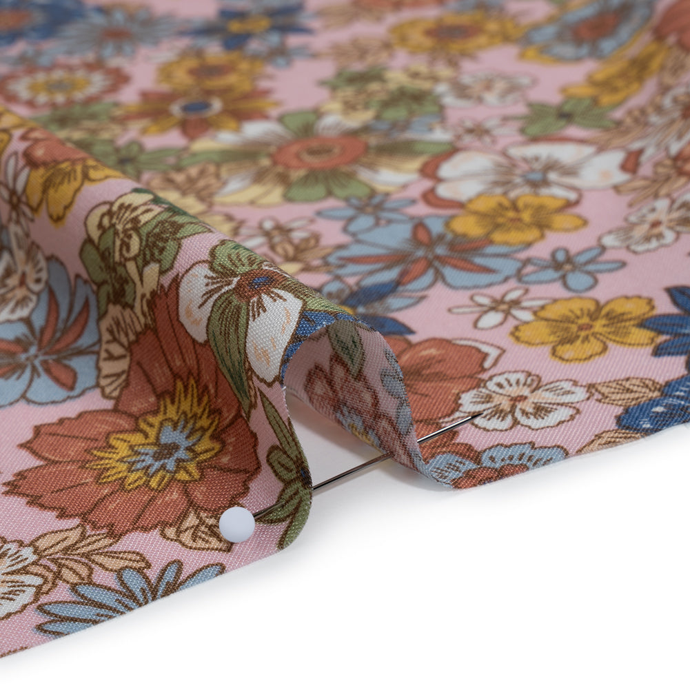 Rayon Challis Print - Blue, Red and Pink Floral - Deadstock - Detail