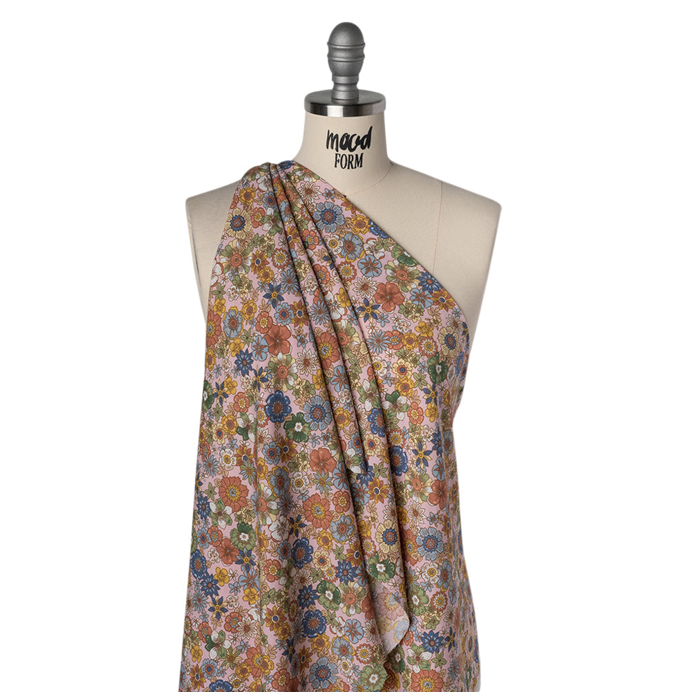 Rayon Challis Print - Blue, Red and Pink Floral - Deadstock - Drape