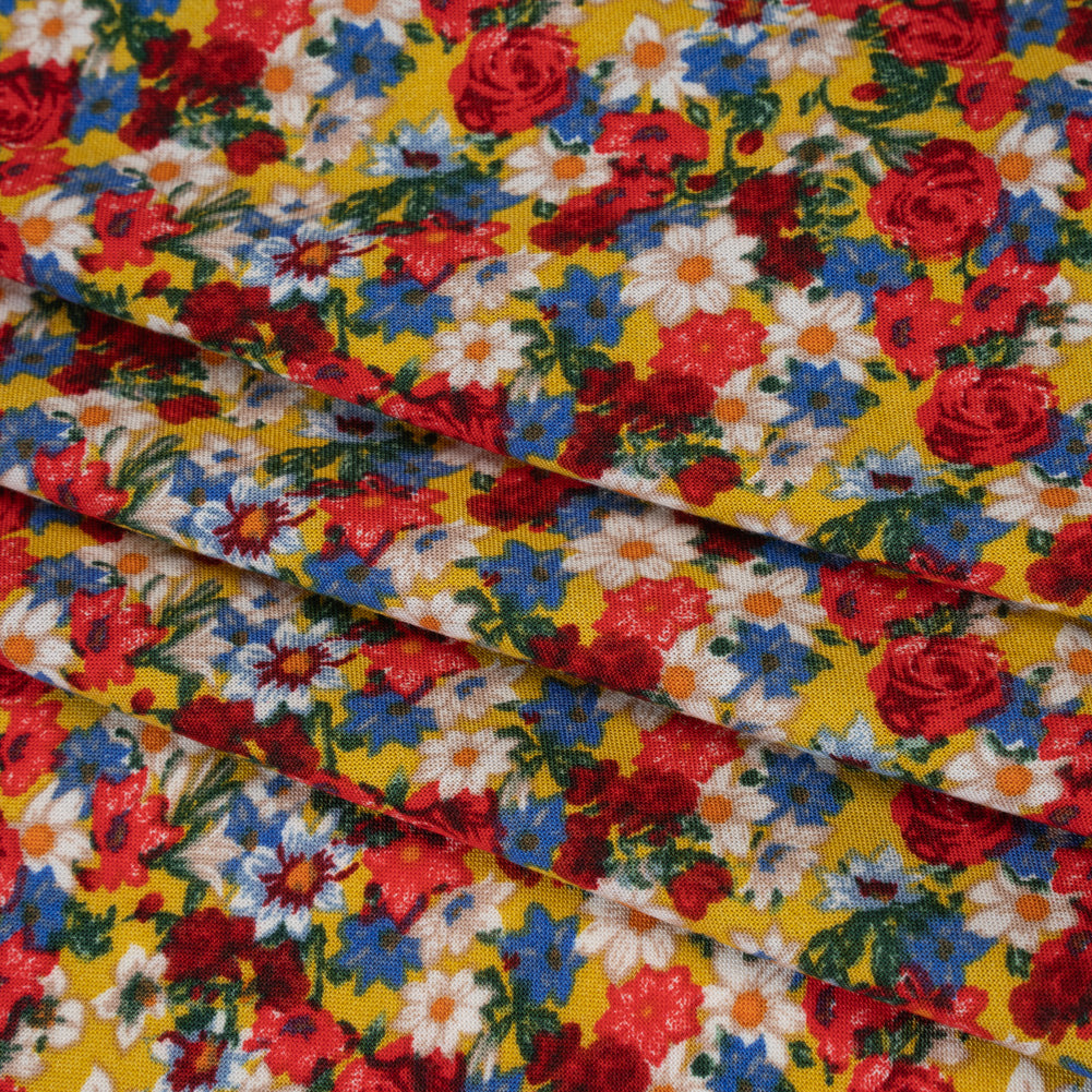Rayon Challis Print - Red, Yellow and Blue Vintage Floral - Deadstock - Folded