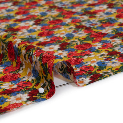 Rayon Challis Print - Red, Yellow and Blue Vintage Floral - Deadstock