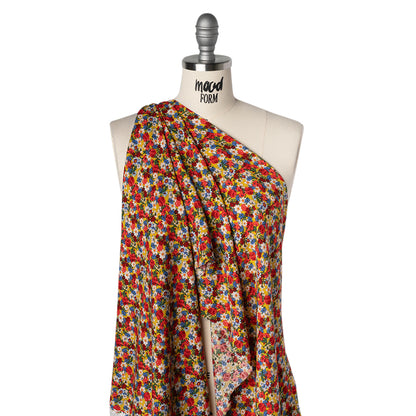 Rayon Challis Print - Red, Yellow and Blue Vintage Floral - Deadstock