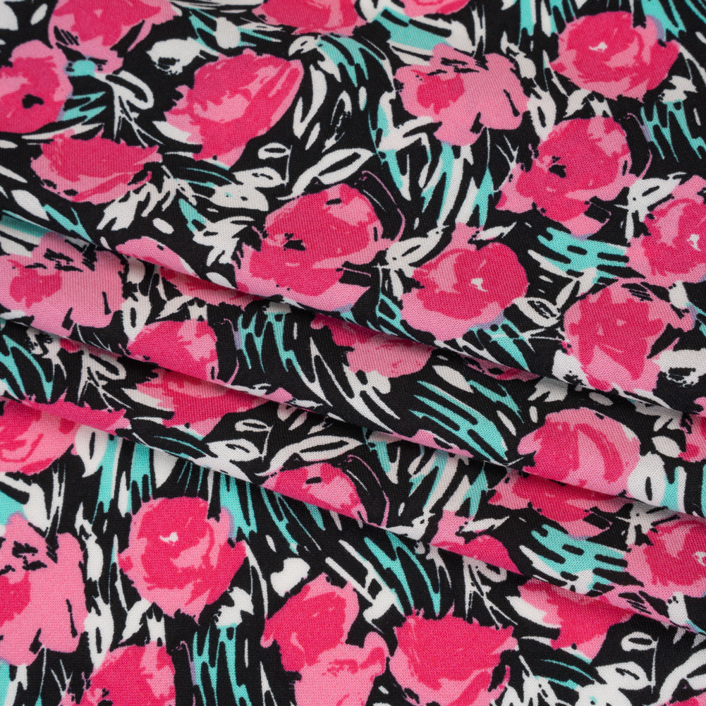 Rayon Challis Print - Pink, Black and Mint Green Abstracted Floral - Deadstock - Folded