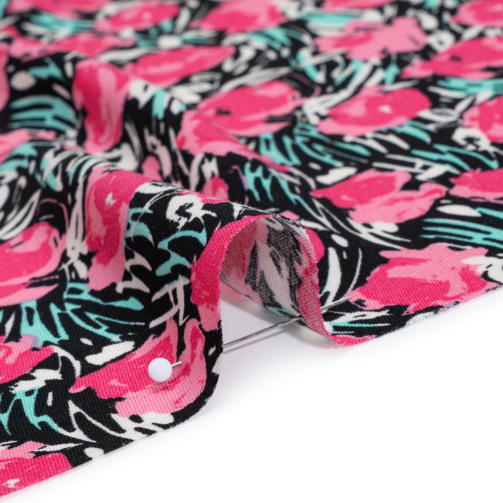 Rayon Challis Print - Pink, Black and Mint Green Abstracted Floral - Deadstock - Detail