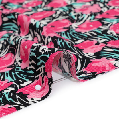 Rayon Challis Print - Pink, Black and Mint Green Abstracted Floral - Deadstock