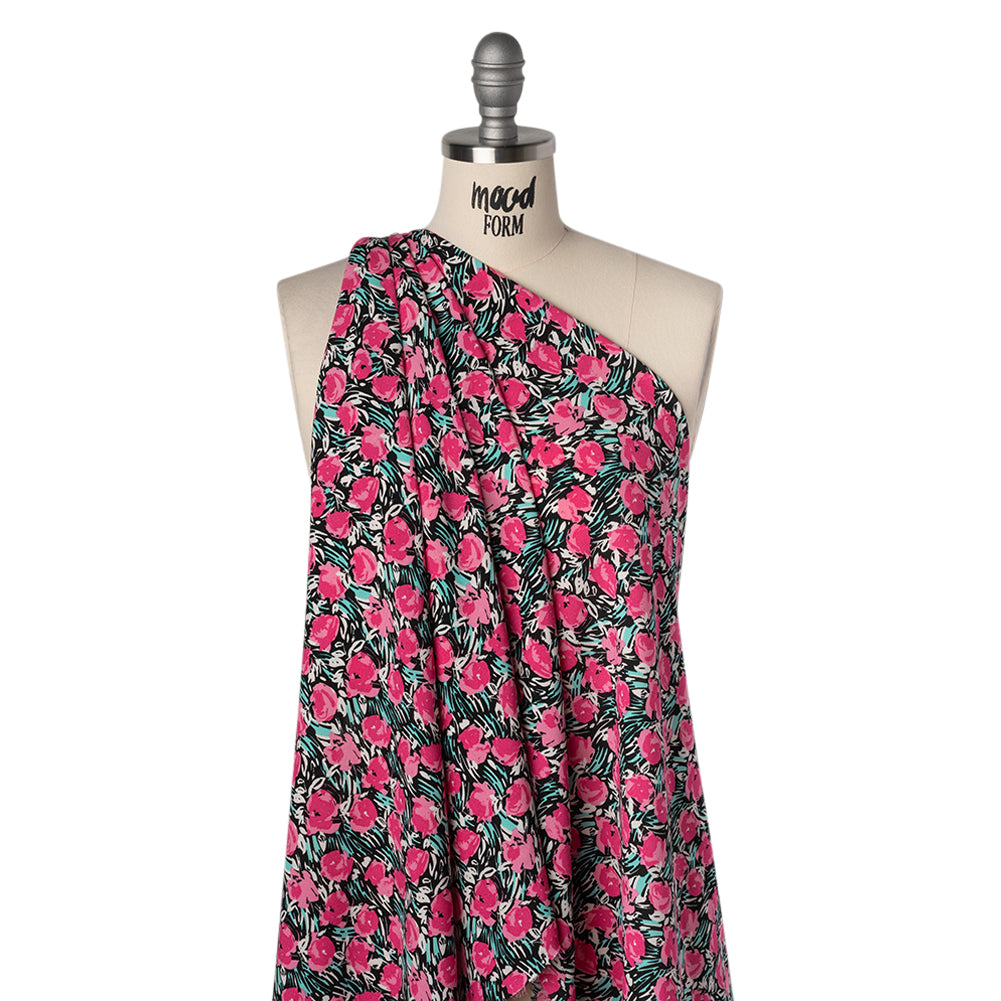Rayon Challis Print - Pink, Black and Mint Green Abstracted Floral - Deadstock - Drape