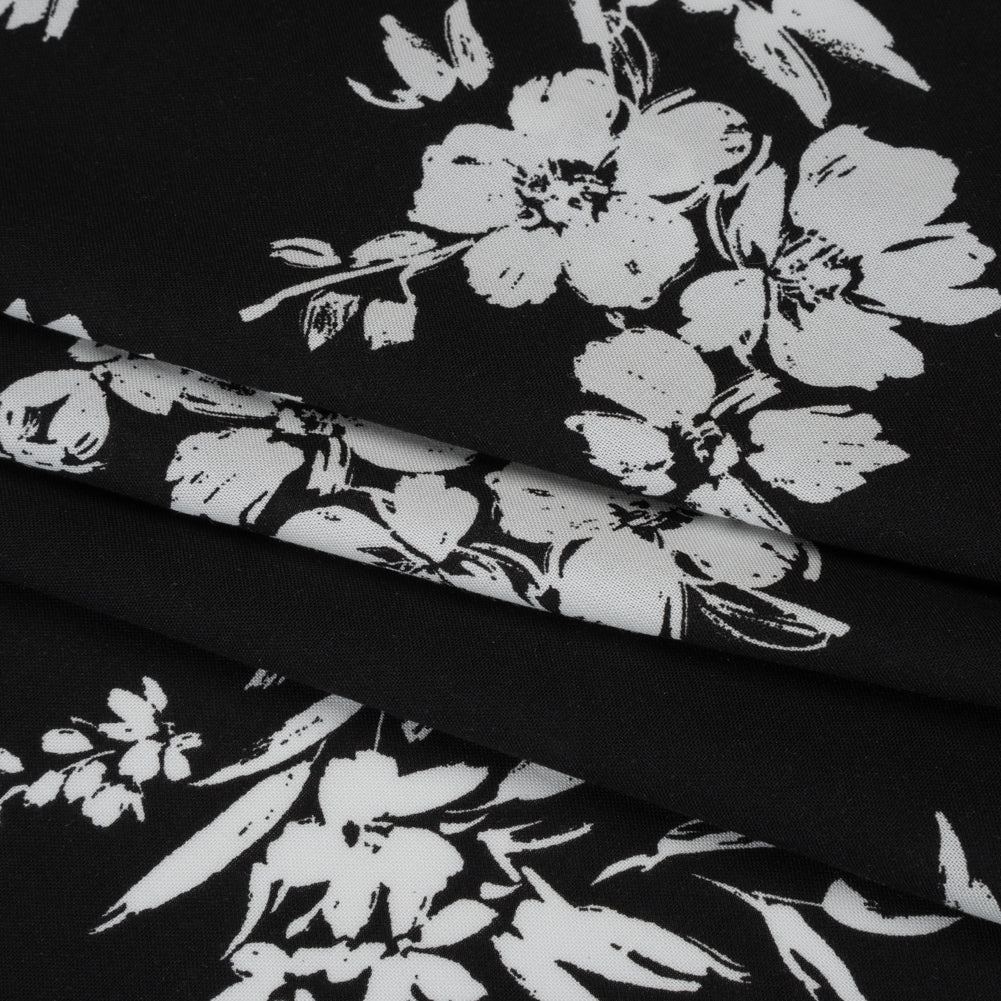 Rayon Challis Print - Black and White Painterly Floral - Deadstock - Folded