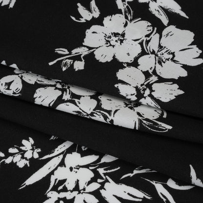 Rayon Challis Print - Black and White Painterly Floral - Deadstock
