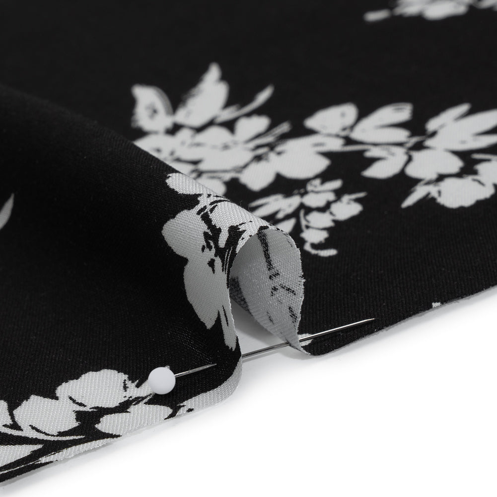 Rayon Challis Print - Black and White Painterly Floral - Deadstock - Detail