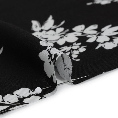 Rayon Challis Print - Black and White Painterly Floral - Deadstock