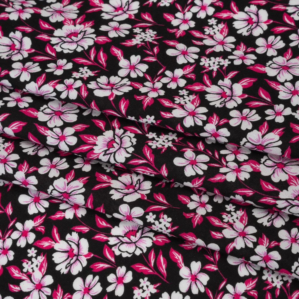 Rayon Challis Print - Fuchsia Pink and Black Floral - Deadstock - Folded