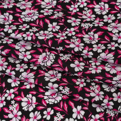 Rayon Challis Print - Fuchsia Pink and Black Floral - Deadstock