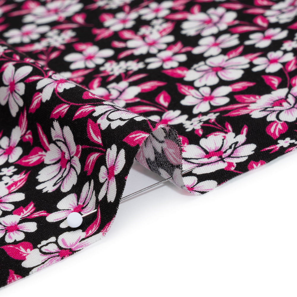 Rayon Challis Print - Fuchsia Pink and Black Floral - Deadstock - Detail