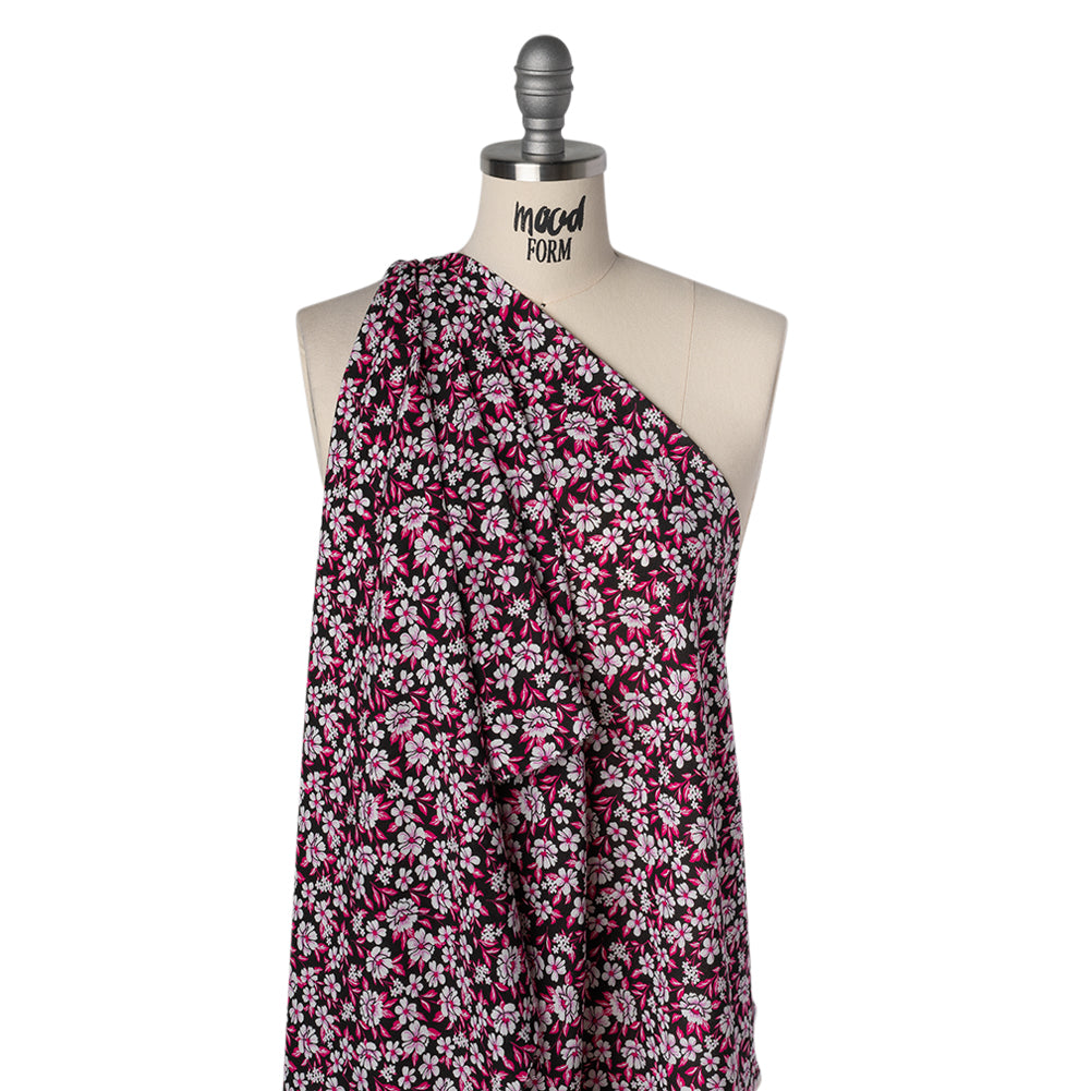 Rayon Challis Print - Fuchsia Pink and Black Floral - Deadstock - Drape